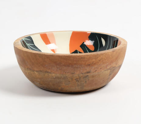 Enamelled abstract leaf wooden bowl