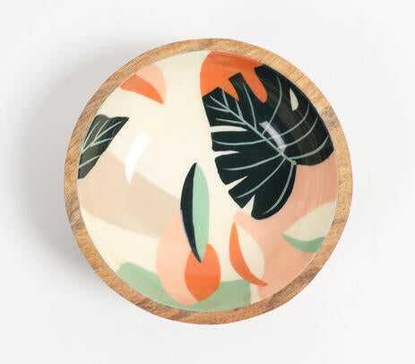 Enamelled abstract leaf wooden bowl