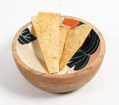 Enamelled abstract leaf wooden bowl