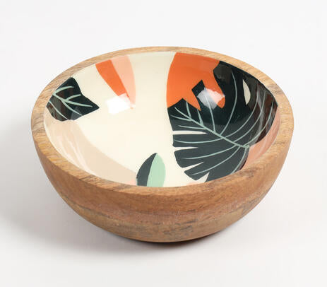Enamelled abstract leaf wooden bowl