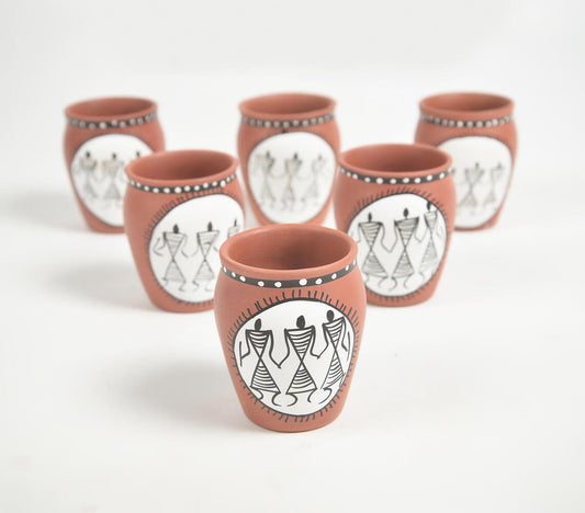 Hand Painted Warli Terracotta Clay Cup (Set of 6 )