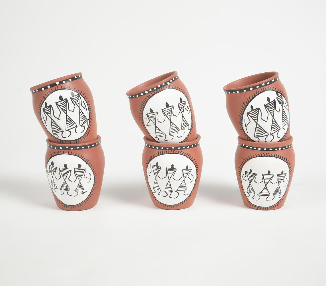Hand Painted Warli Terracotta Clay Cup (Set of 6 )