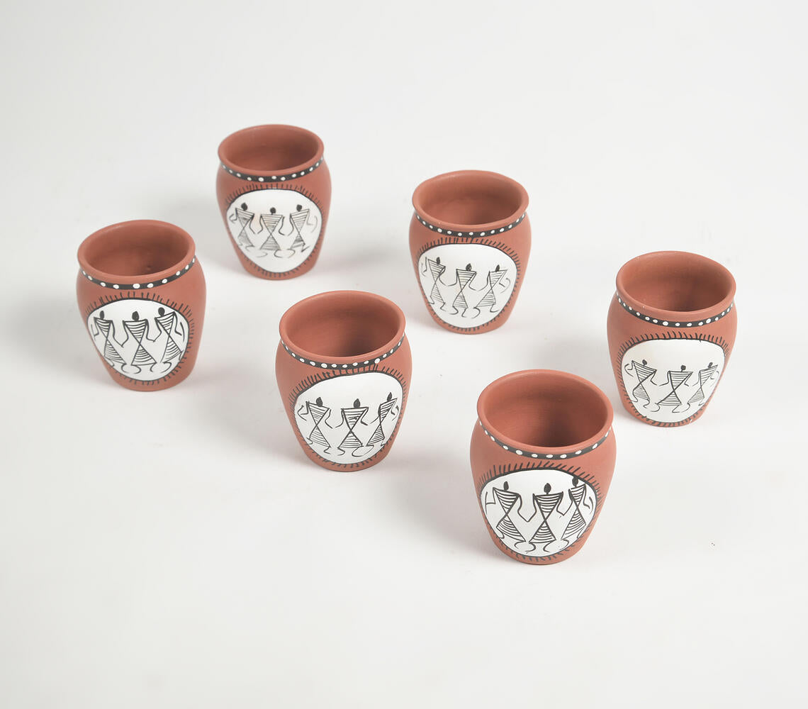 Hand Painted Warli Terracotta Clay Cup (Set of 6 )